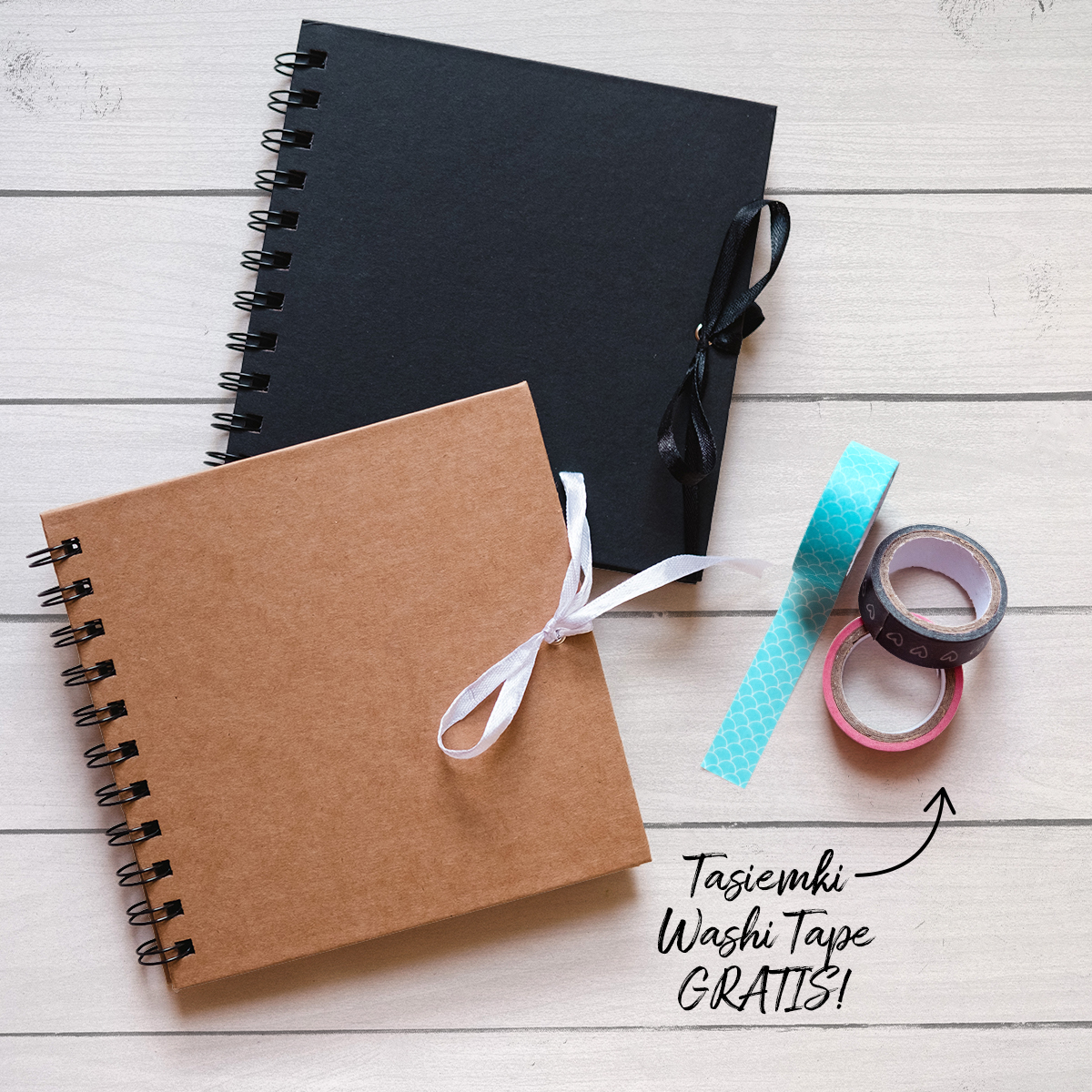Albumy mini czarny, brązowy i tasiemki Washi tape